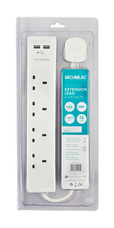 Securlec 4 Gang Extension Lead With 1 x USB-A & 1 x USB-C 2m