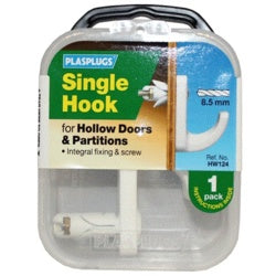 Plasplugs Hollow Door Hook White Single