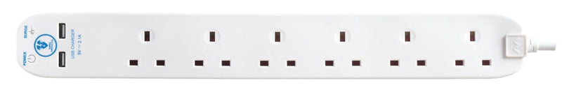 Masterplug 6 Gang Surge Extension Lead With 2 USBs 2m