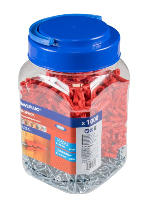 Rawlplug Uno Multi Purpose Red Plug 500plugs + 500screws