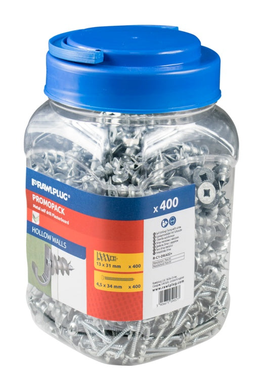 Rawlplug Metal Self Drill Fixing Plasterboard Plug 400plugs + 400screws