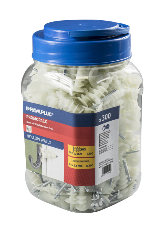 Rawlplug Nylon Self Drill Fixing Plasterboard Plug 300plugs + 300screws