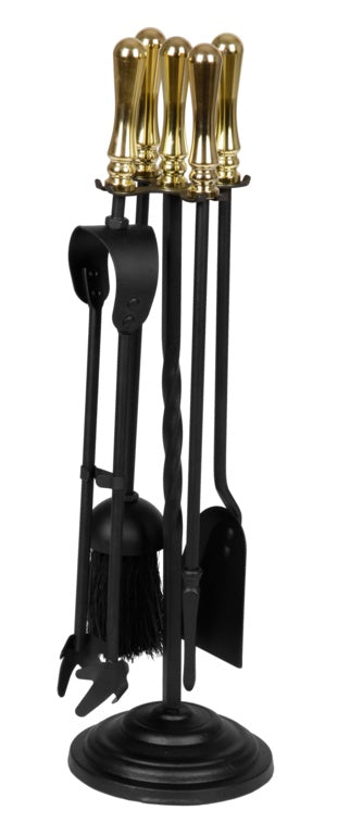 Hearth & Home Black Companion Set With Round Base / Brass Handles 5 Piece 19"