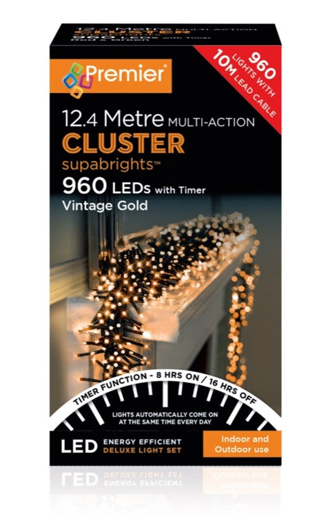Premier 960 LED Multi Action Supabrights Cluster Lights With Timer Vintage Gold/Green Cable