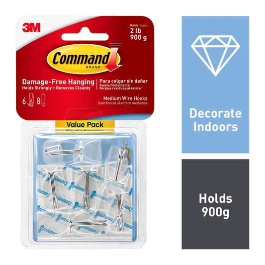 Command™ Medium Clear Wire Toggle Hook Value Pack 6 Hooks, 8 Medium Strips
