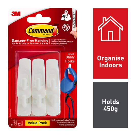 Command™ Small Utility Hook Value 6 Hooks, 12 Small Strips