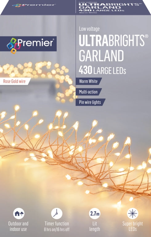 Premier Multi Action Ultra Brights Rose Gold Garland Warm White 430 LEDs