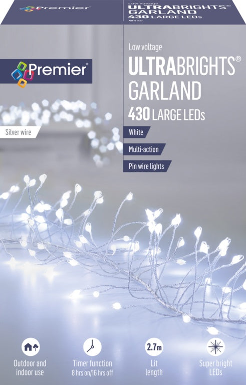 Premier Multi Action Ultra Brights Silver Garland White 430 LEDs