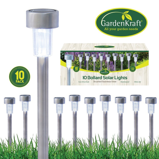 GardenKraft Stainless Steel Bollard Solar Lights White Pack 10