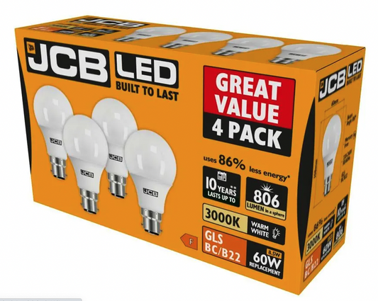JCB GLS BC B22 3000k Warm White 9w Pack 4