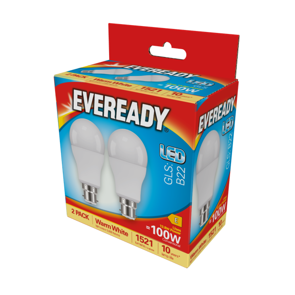 Eveready LED GLS BC B22 3000k Warm White Pack 2 1521lm