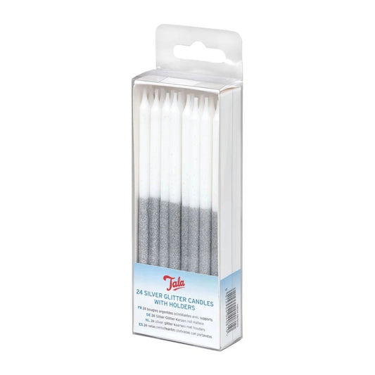 Tala 24 Silver Glitter Candles With Holders