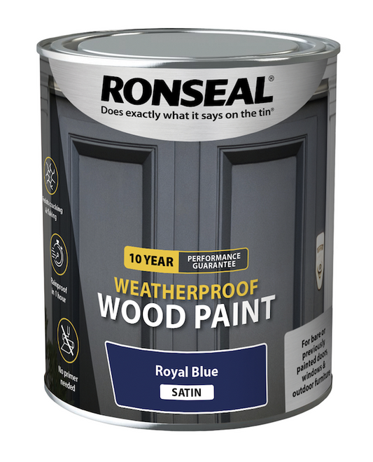 Ronseal 10 Year Weatherproof Satin Wood Paint 750ml / Royal Blue